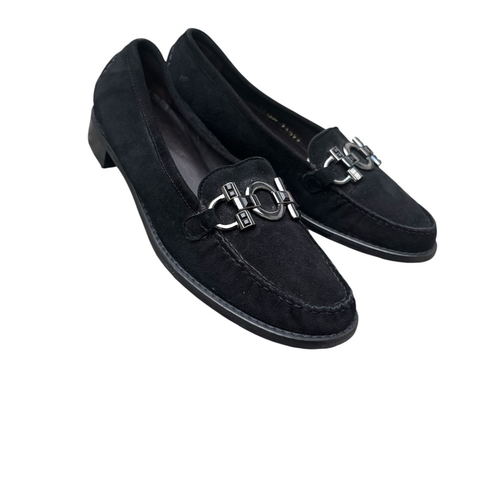 Stuart Weitzman Black Suede Loafers with Silver Accent